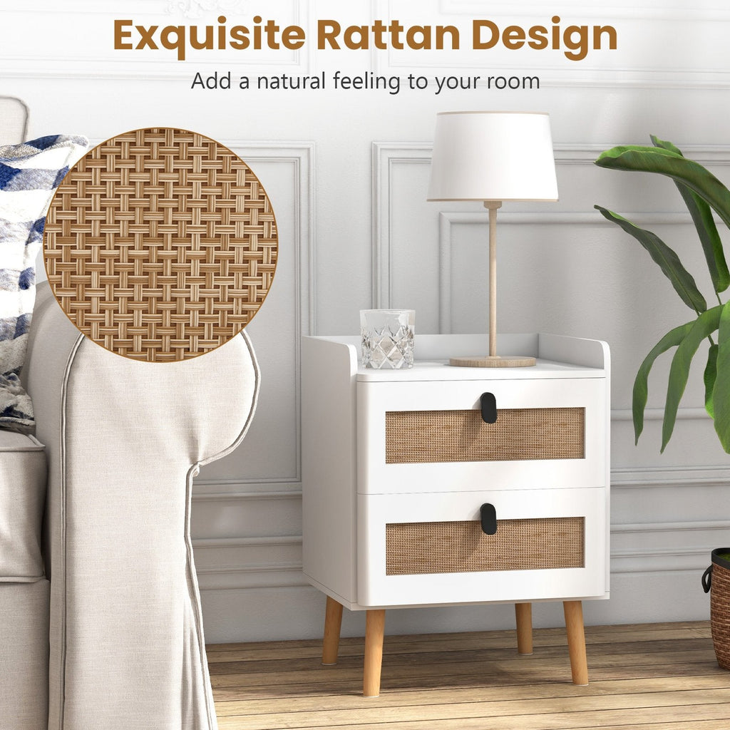 Modern Bedside Table with 2 Rattan Decorated Drawers, White