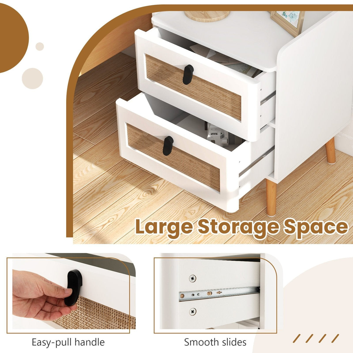 Modern Bedside Table with 2 Rattan Decorated Drawers, White