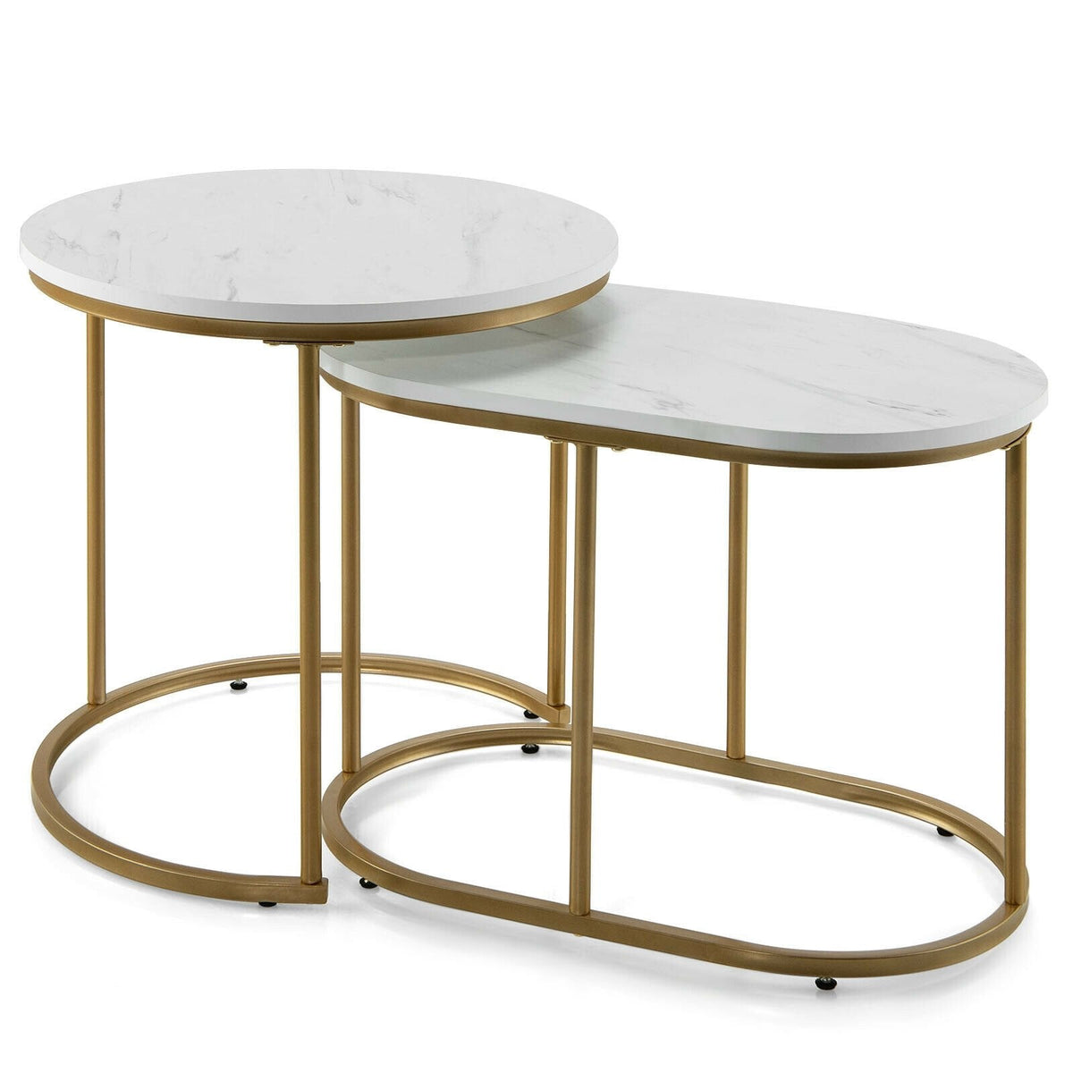 Nesting Coffee Table Set of 2, White Marble Look Tops with Golden Steel Frames