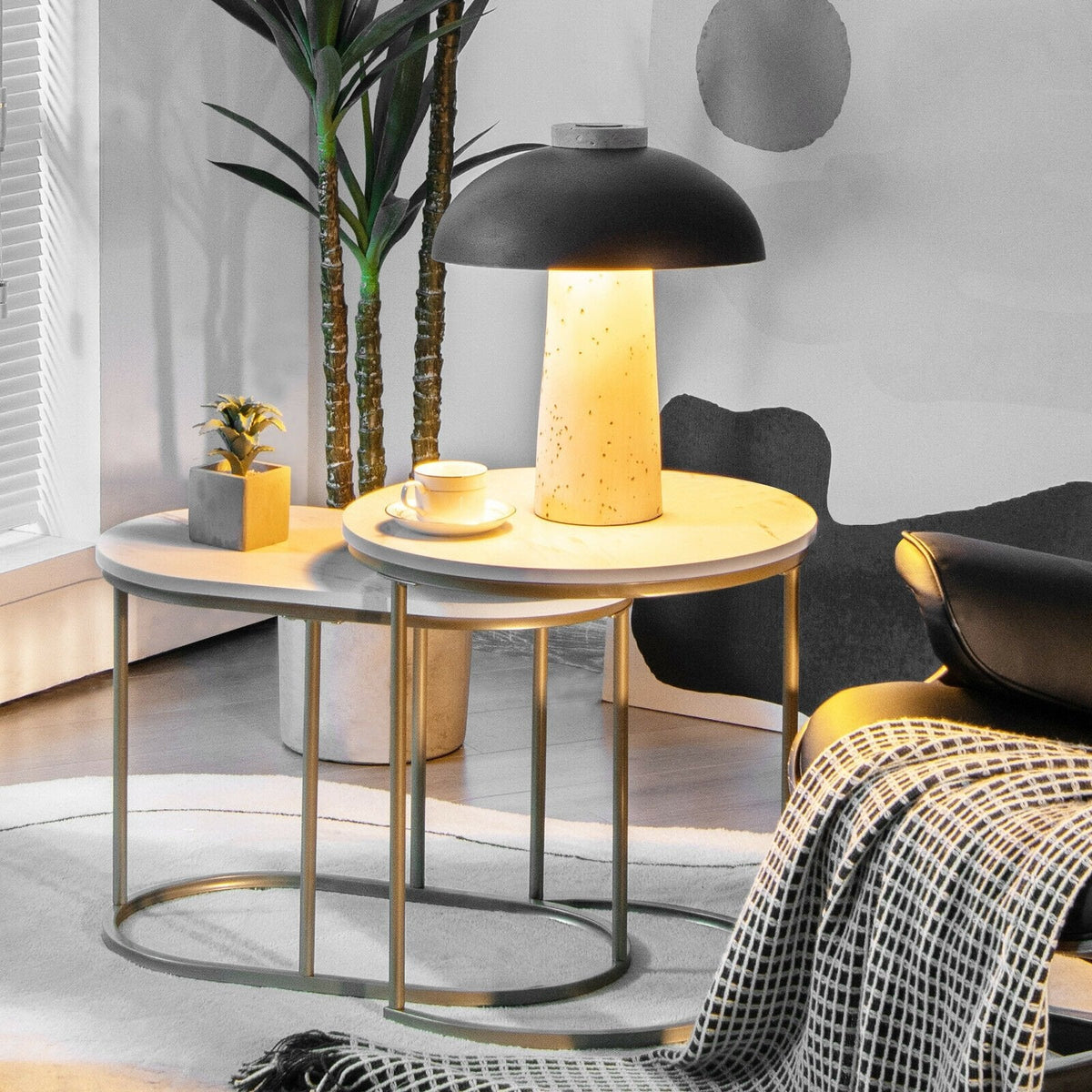 Nesting Coffee Table Set of 2, White Marble Look Tops with Golden Steel Frames