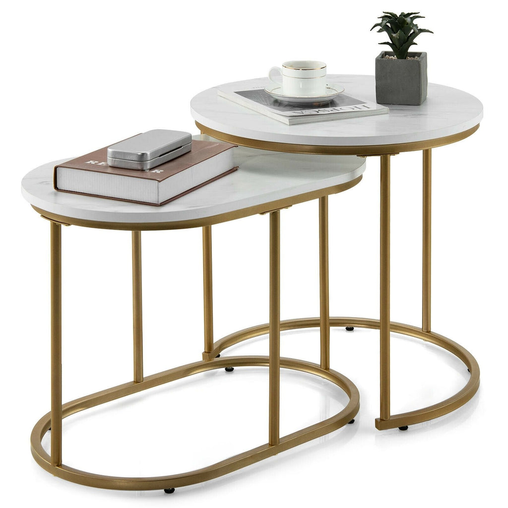 Nesting Coffee Table Set of 2, White Marble Look Tops with Golden Steel Frames