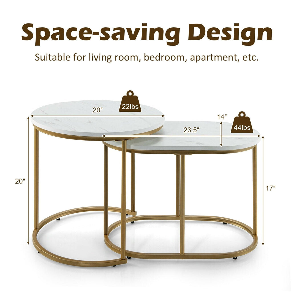 Nesting Coffee Table Set of 2, White Marble Look Tops with Golden Steel Frames