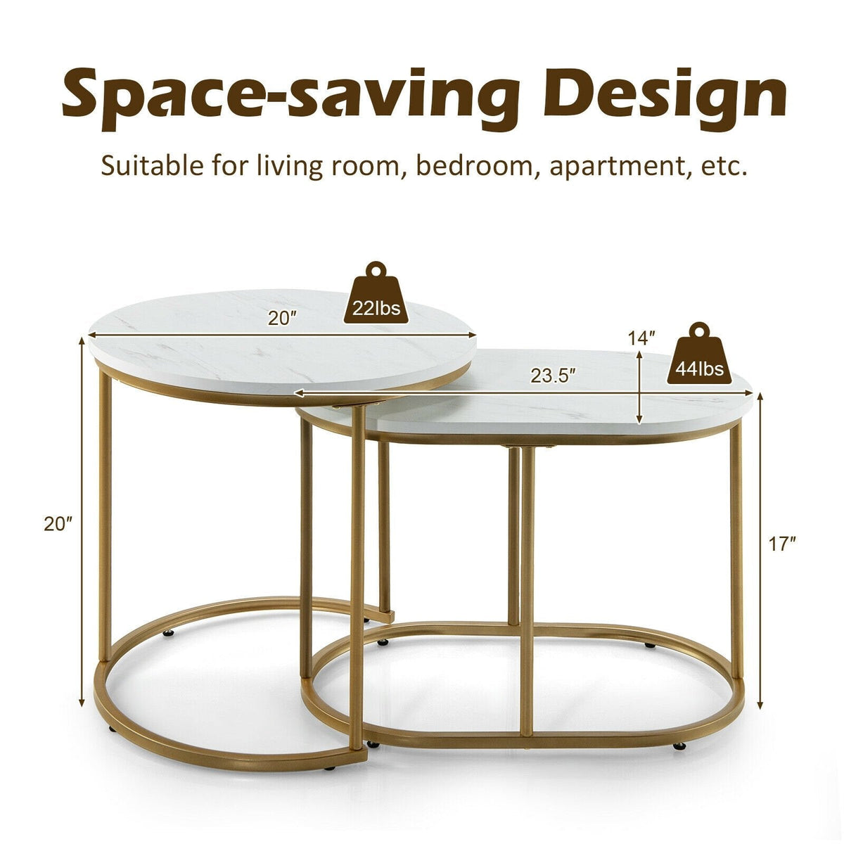 Nesting Coffee Table Set of 2, White Marble Look Tops with Golden Steel Frames