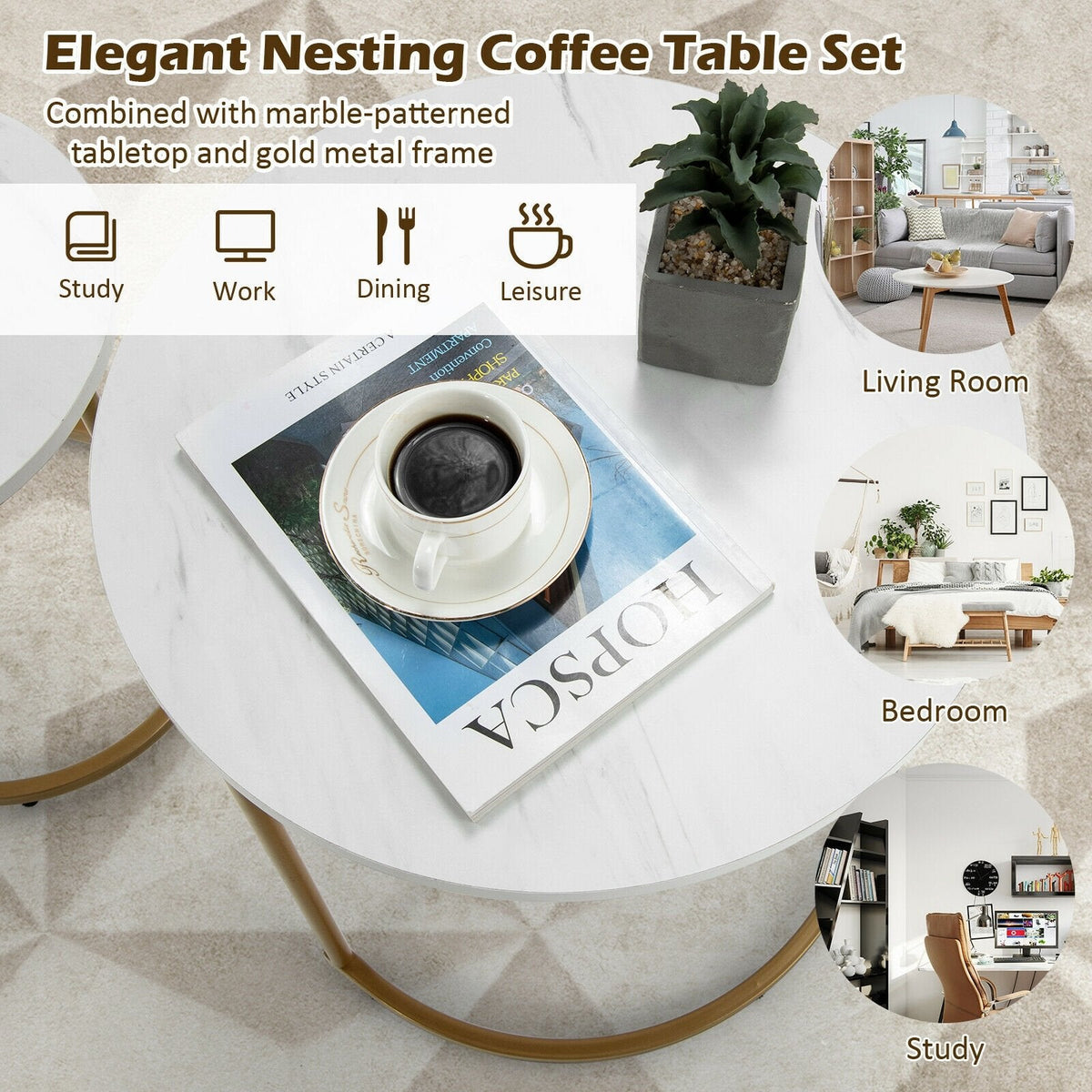 Nesting Coffee Table Set of 2, White Marble Look Tops with Golden Steel Frames