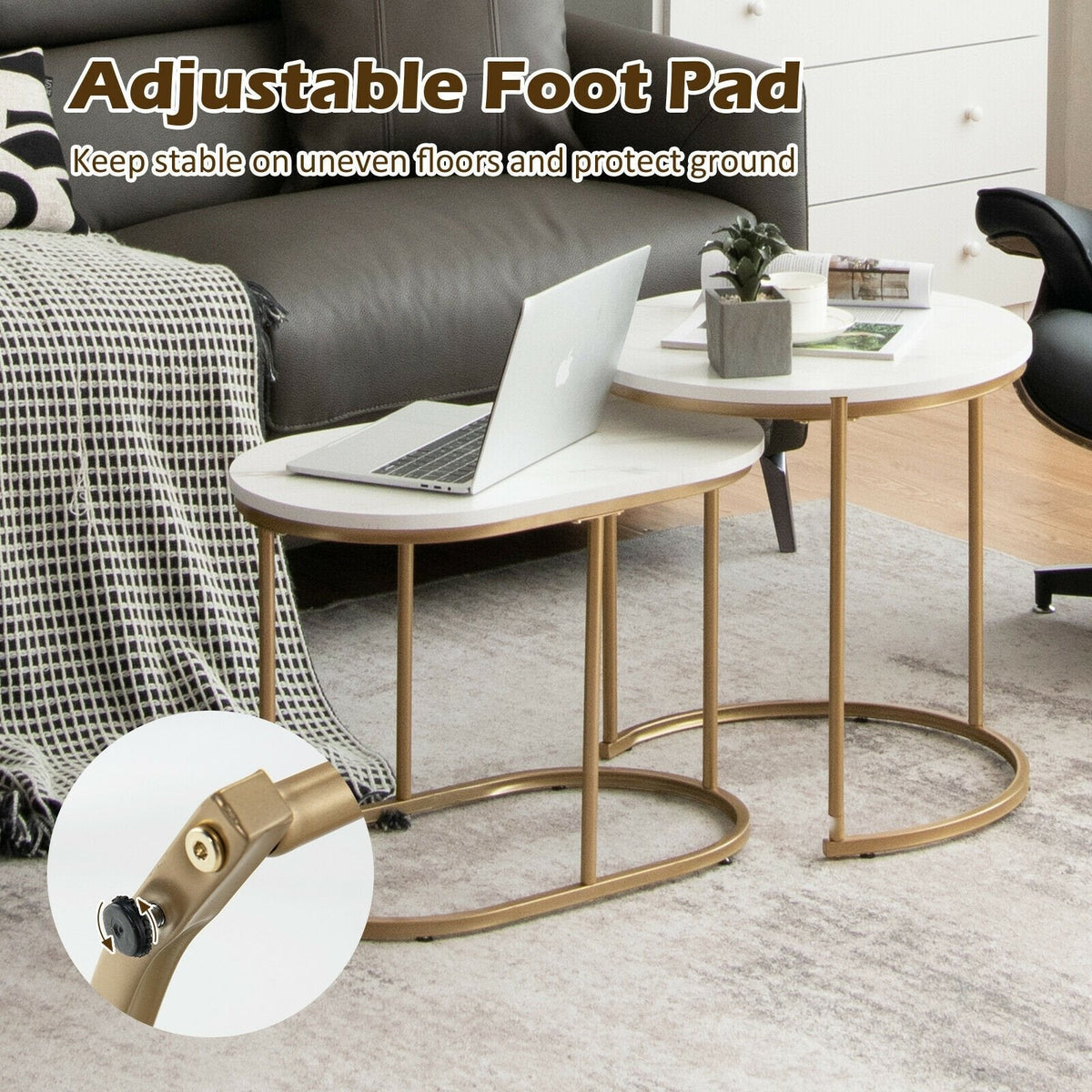 Nesting Coffee Table Set of 2, White Marble Look Tops with Golden Steel Frames