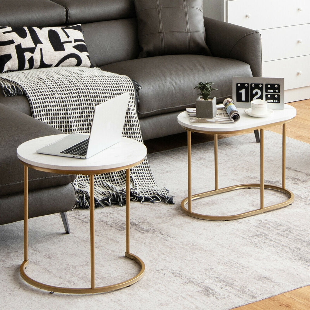 Nesting Coffee Table Set of 2, White Marble Look Tops with Golden Steel Frames