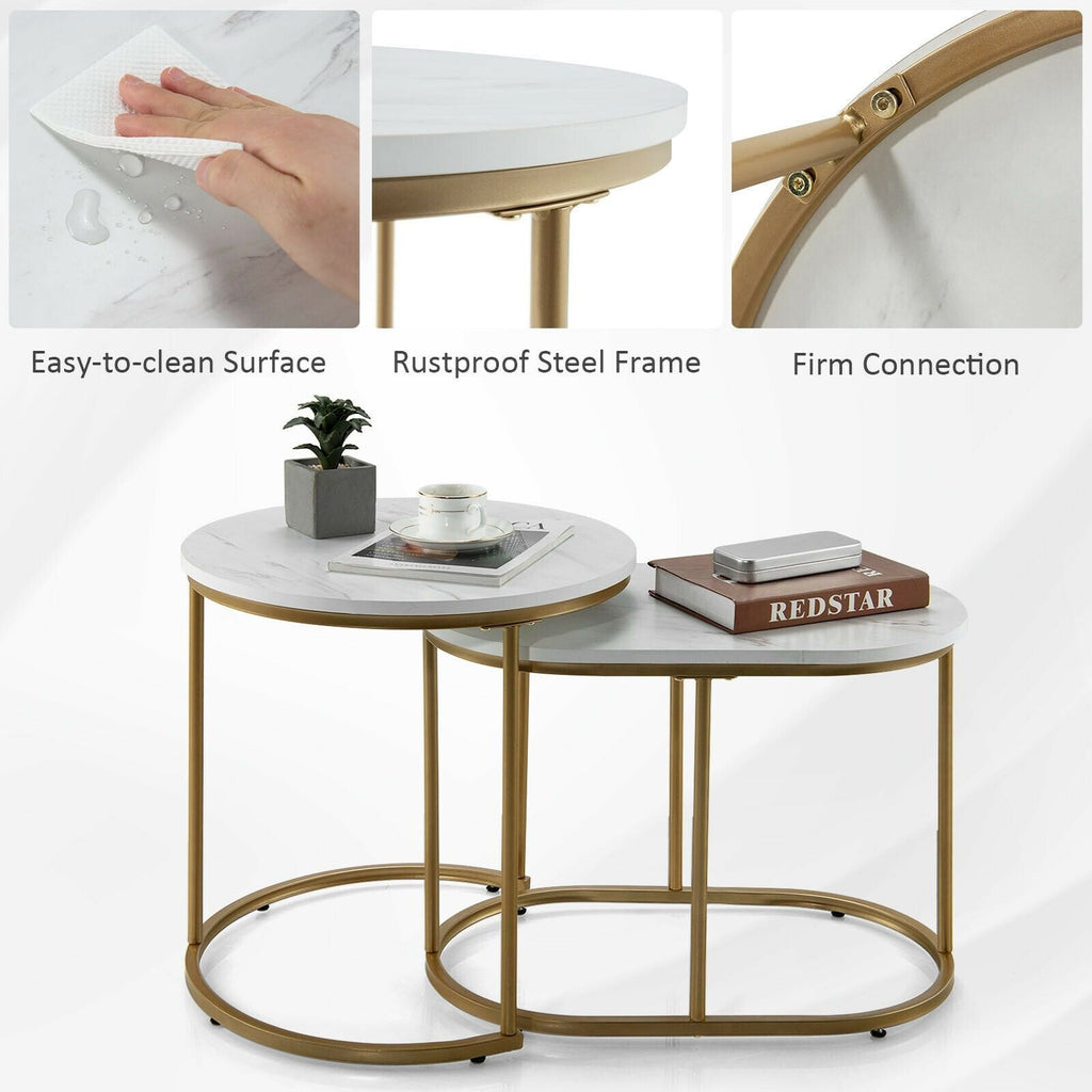 Nesting Coffee Table Set of 2, White Marble Look Tops with Golden Steel Frames