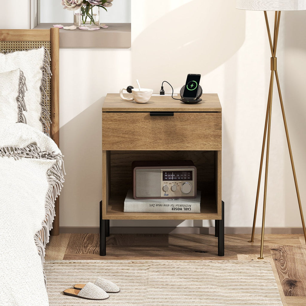 Modern Nightstand with Charging Station and Open Cubby, Natural