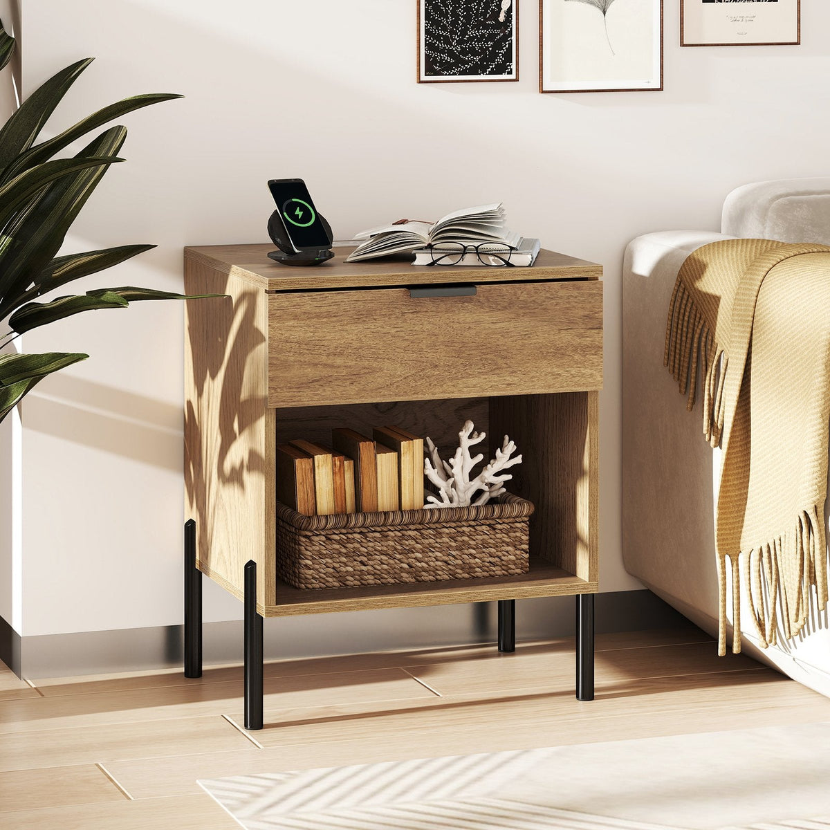 Modern Nightstand with Charging Station and Open Cubby, Natural