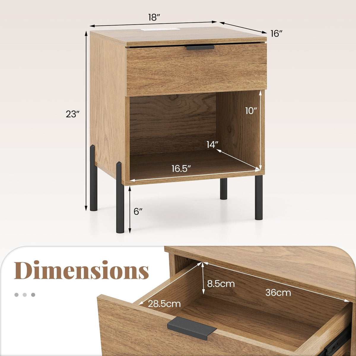 Modern Nightstand with Charging Station and Open Cubby, Natural