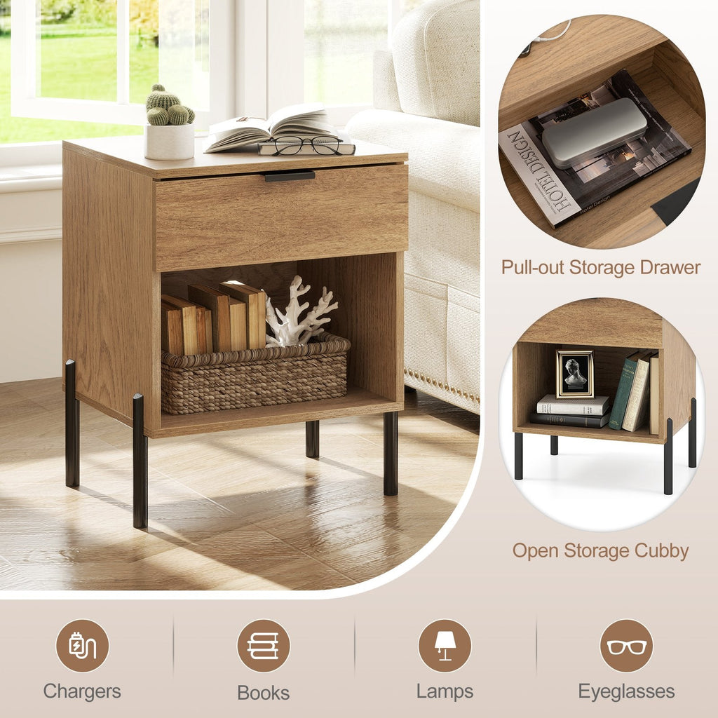 Modern Nightstand with Charging Station and Open Cubby, Natural