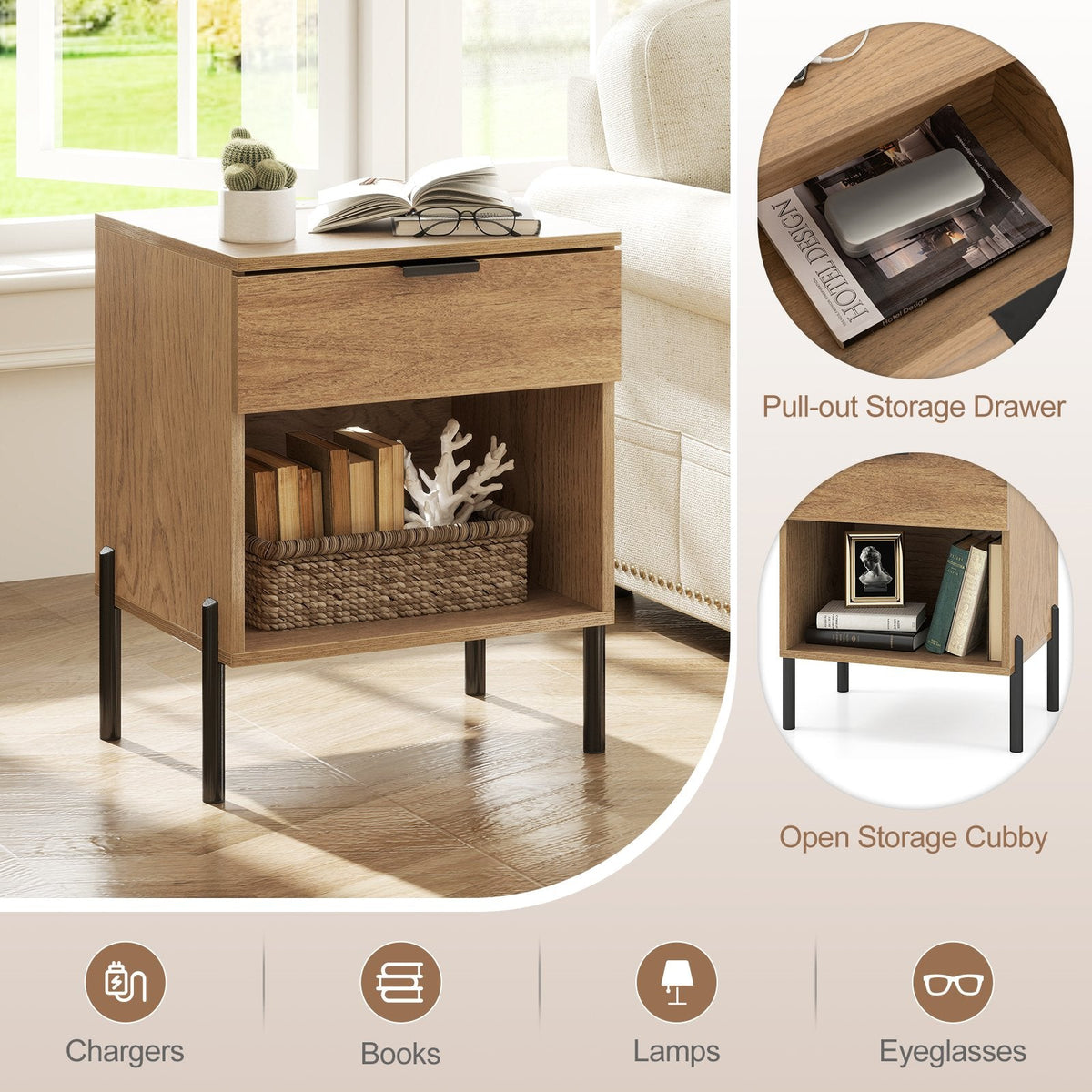 Modern Nightstand with Charging Station and Open Cubby, Natural