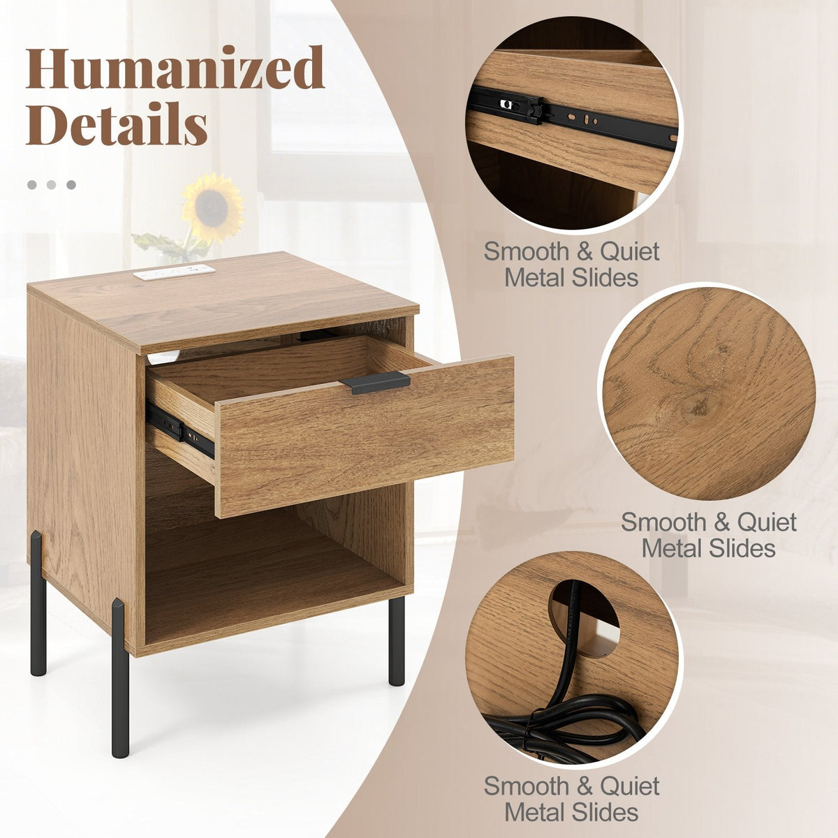 Modern Nightstand with Charging Station and Open Cubby, Natural