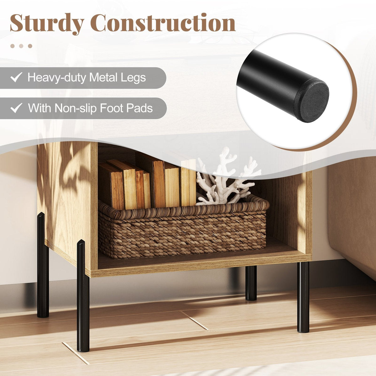 Modern Nightstand with Charging Station and Open Cubby, Natural