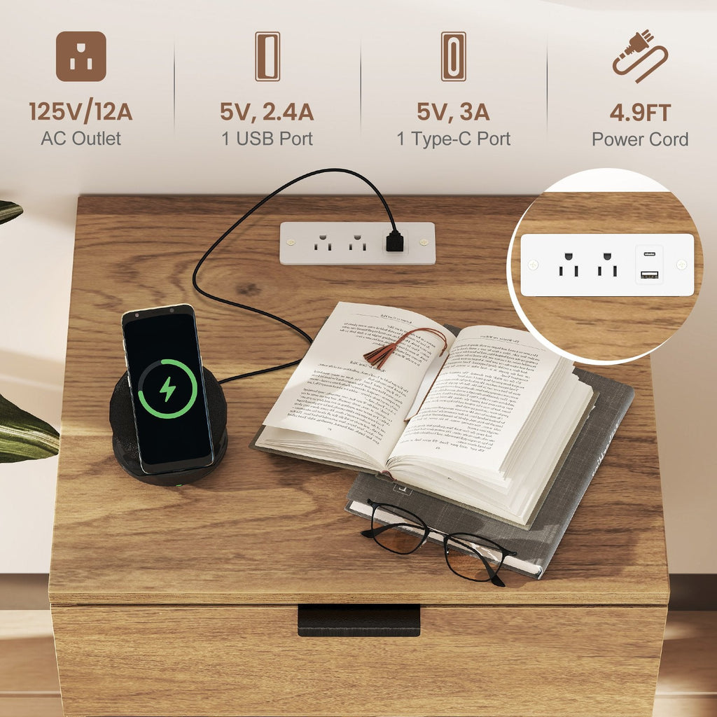 Modern Nightstand with Charging Station and Open Cubby, Natural