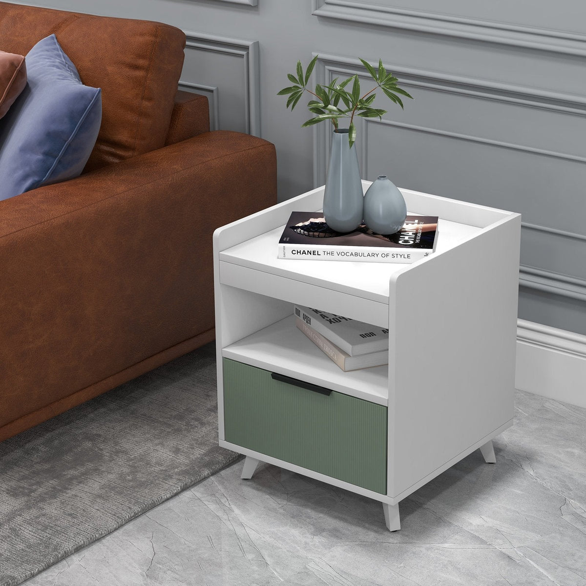 Modern Nightstand with LED Light, Sliding Drawer and Open Compartment