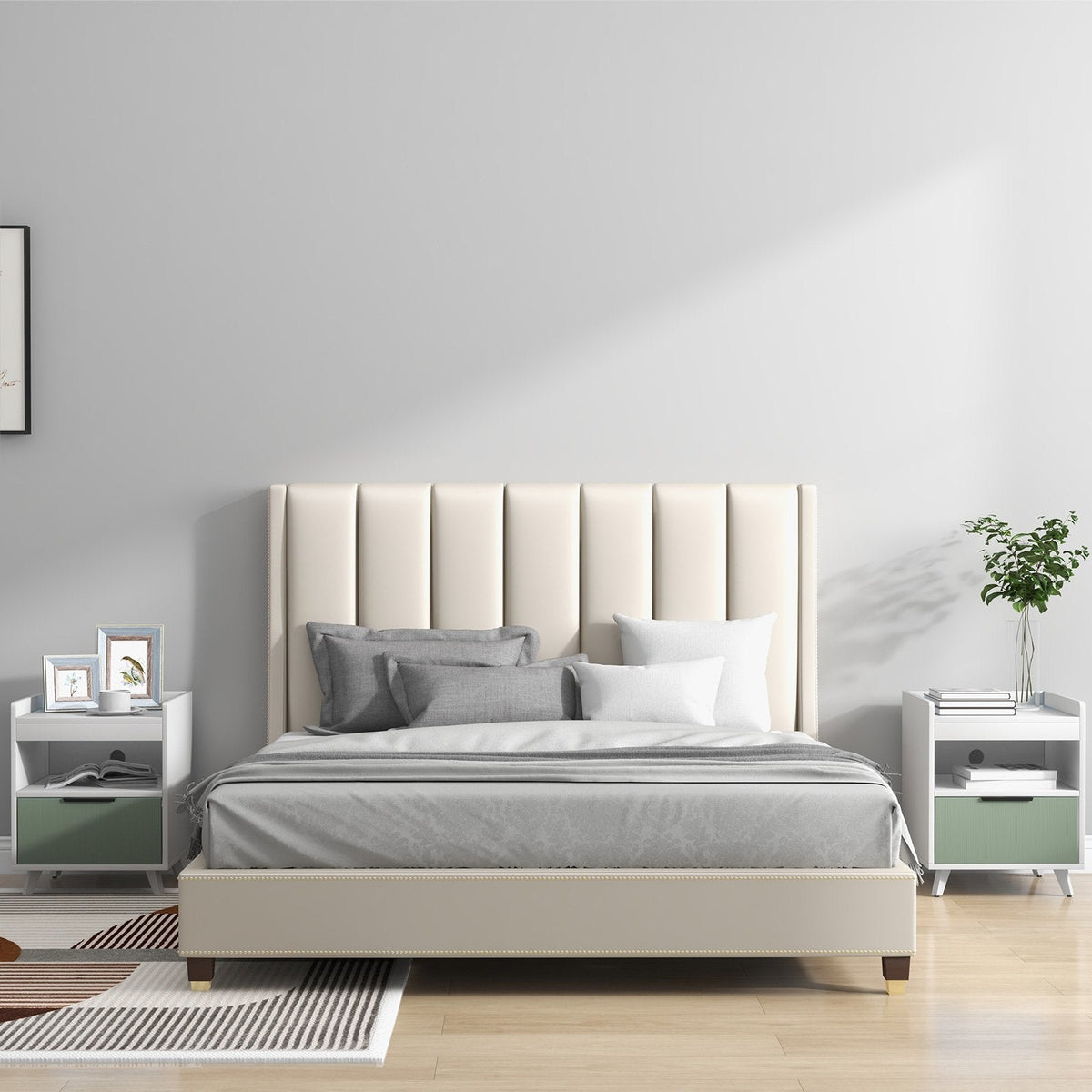 Modern Nightstand with LED Light, Sliding Drawer and Open Compartment