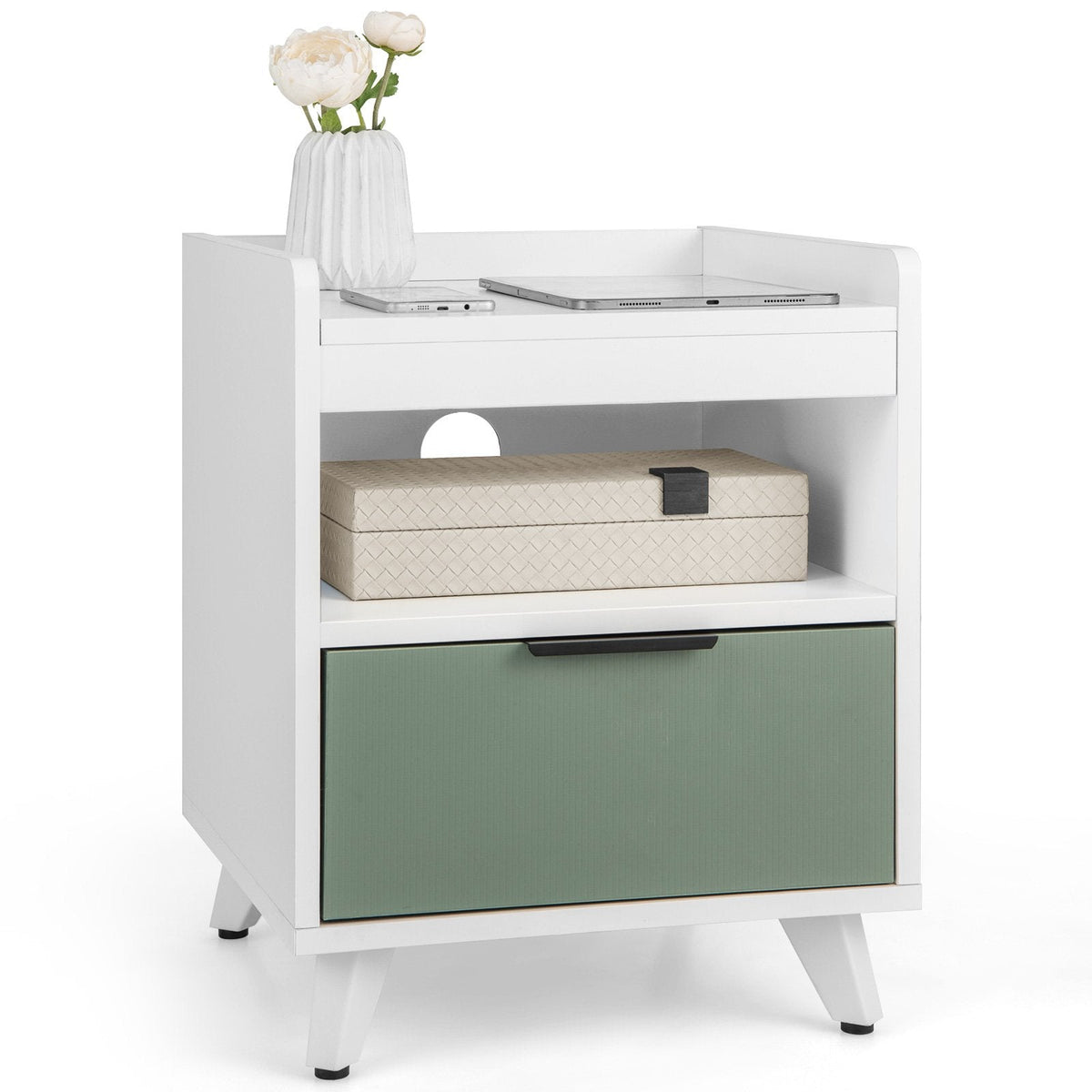 Modern Nightstand with LED Light, Sliding Drawer and Open Compartment