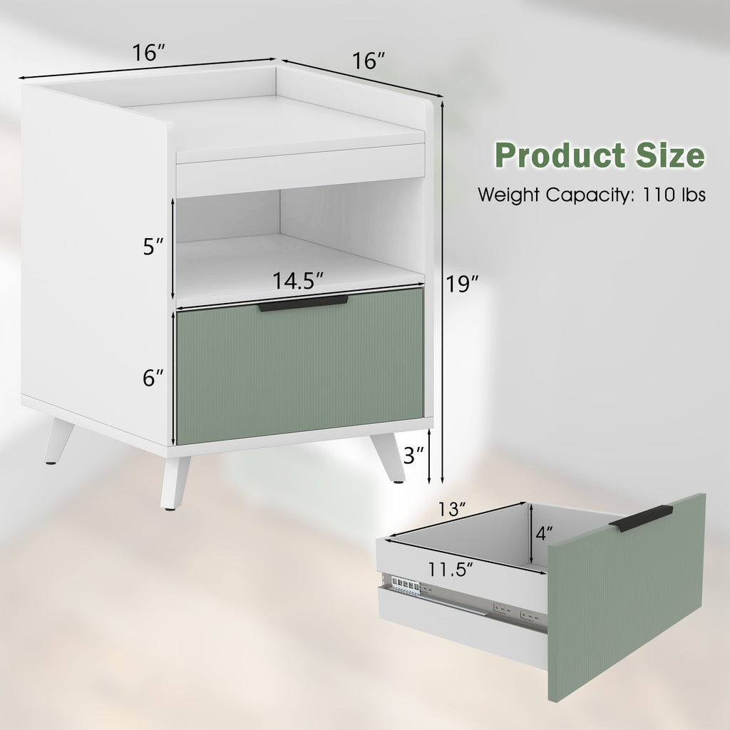Modern Nightstand with LED Light, Sliding Drawer and Open Compartment