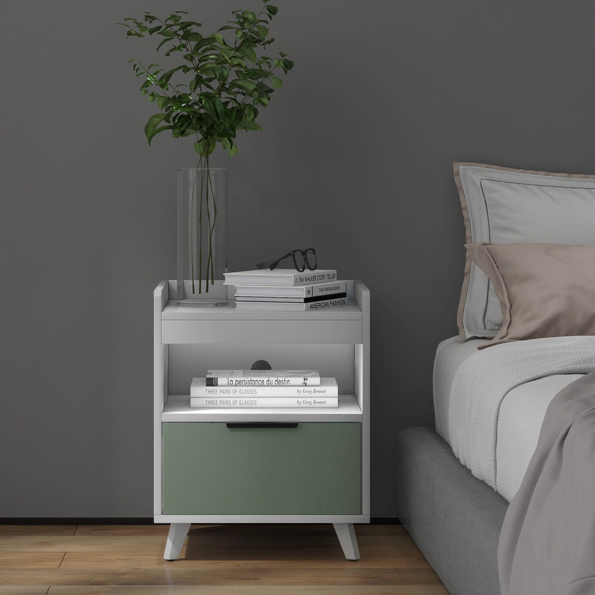 Modern Nightstand with LED Light, Sliding Drawer and Open Compartment