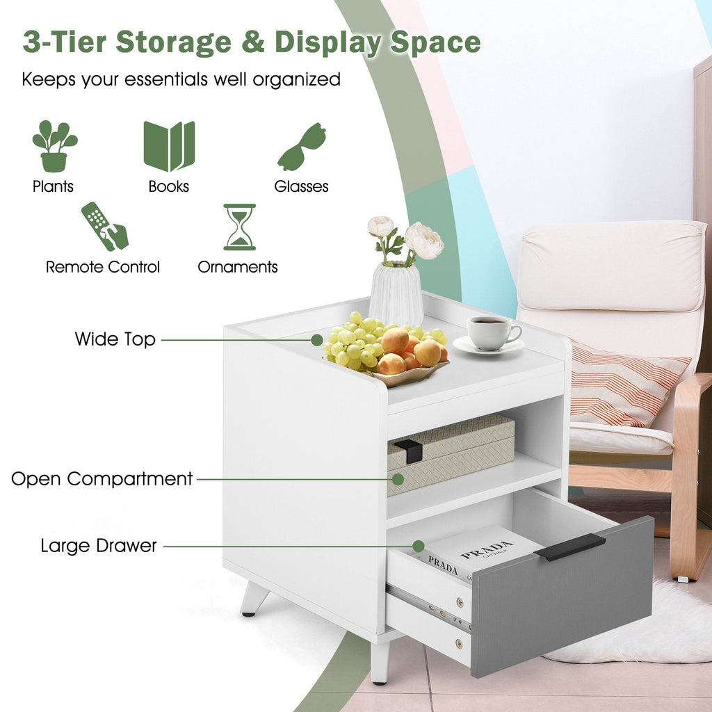 Modern Nightstand with LED Light, Sliding Drawer and Open Compartment