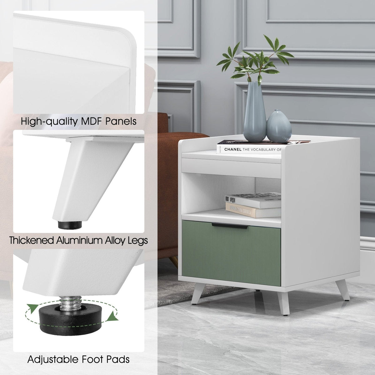 Modern Nightstand with LED Light, Sliding Drawer and Open Compartment