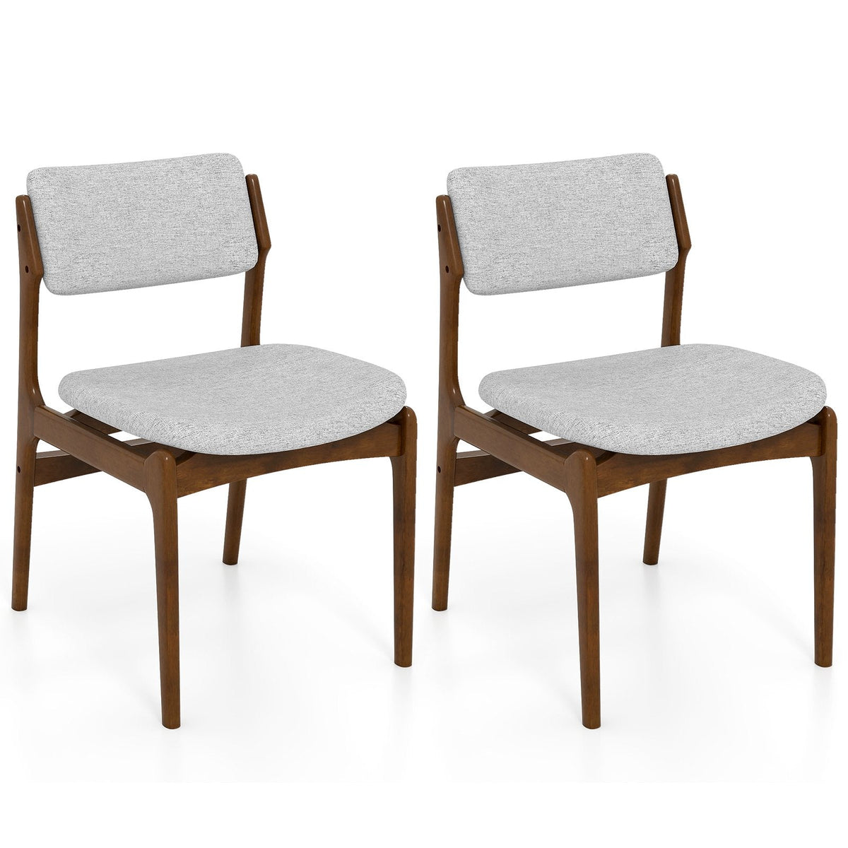 Set of 2 Mid Century Dining Chairs, Walnut Rubber Wood with Grey Linen Padded Seat and Back