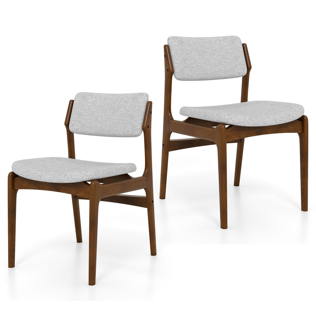 Set of 2 Mid Century Dining Chairs, Walnut Rubber Wood with Grey Linen Padded Seat and Back