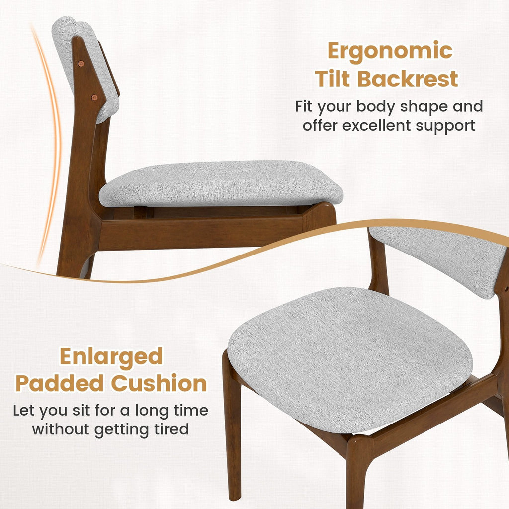 Set of 2 Mid Century Dining Chairs, Walnut Rubber Wood with Grey Linen Padded Seat and Back