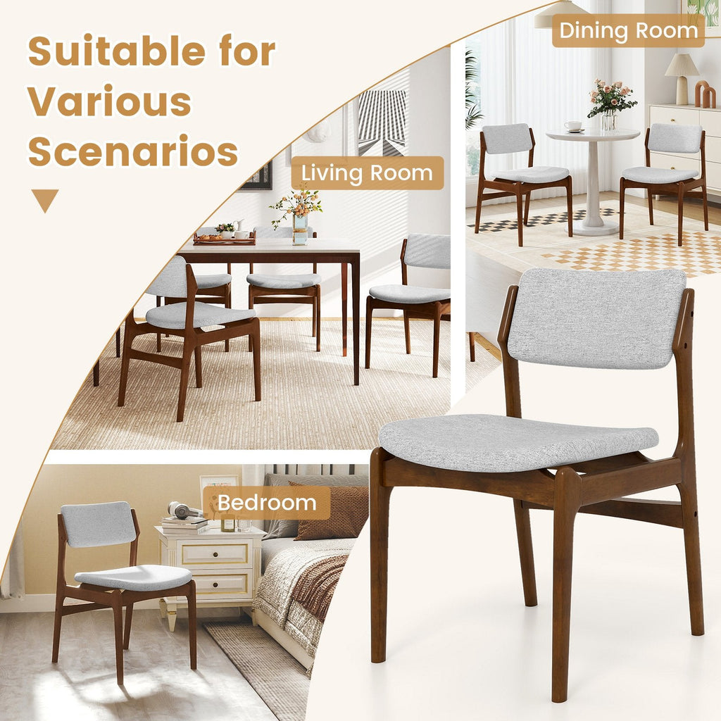 Set of 2 Mid Century Dining Chairs, Walnut Rubber Wood with Grey Linen Padded Seat and Back