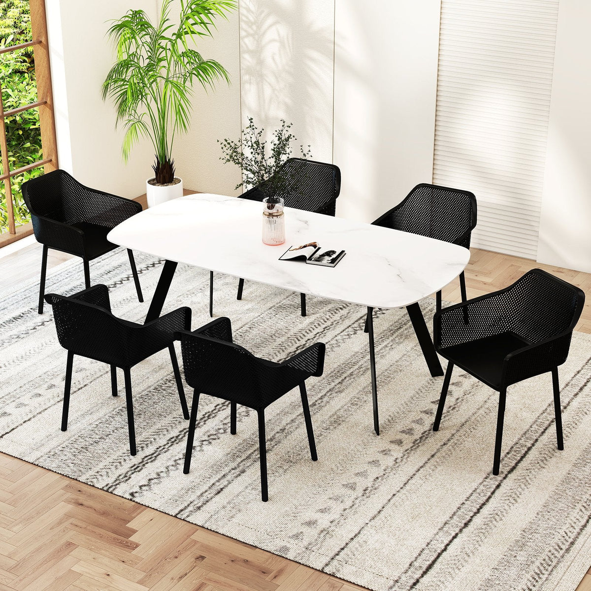Set of 4 Black Moulded Dining Armchairs with Perforated Mesh Back and Arms