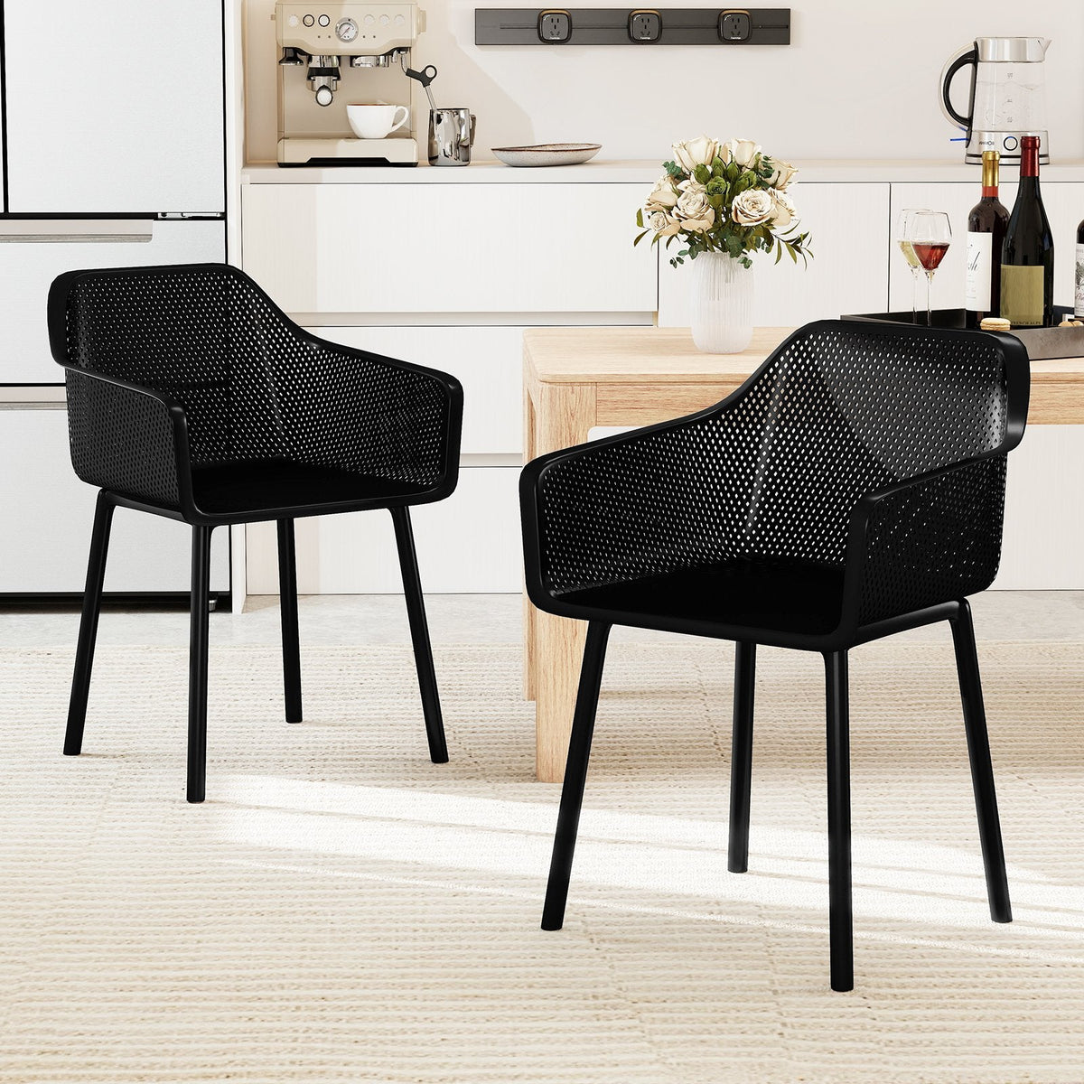 Set of 4 Black Moulded Dining Armchairs with Perforated Mesh Back and Arms