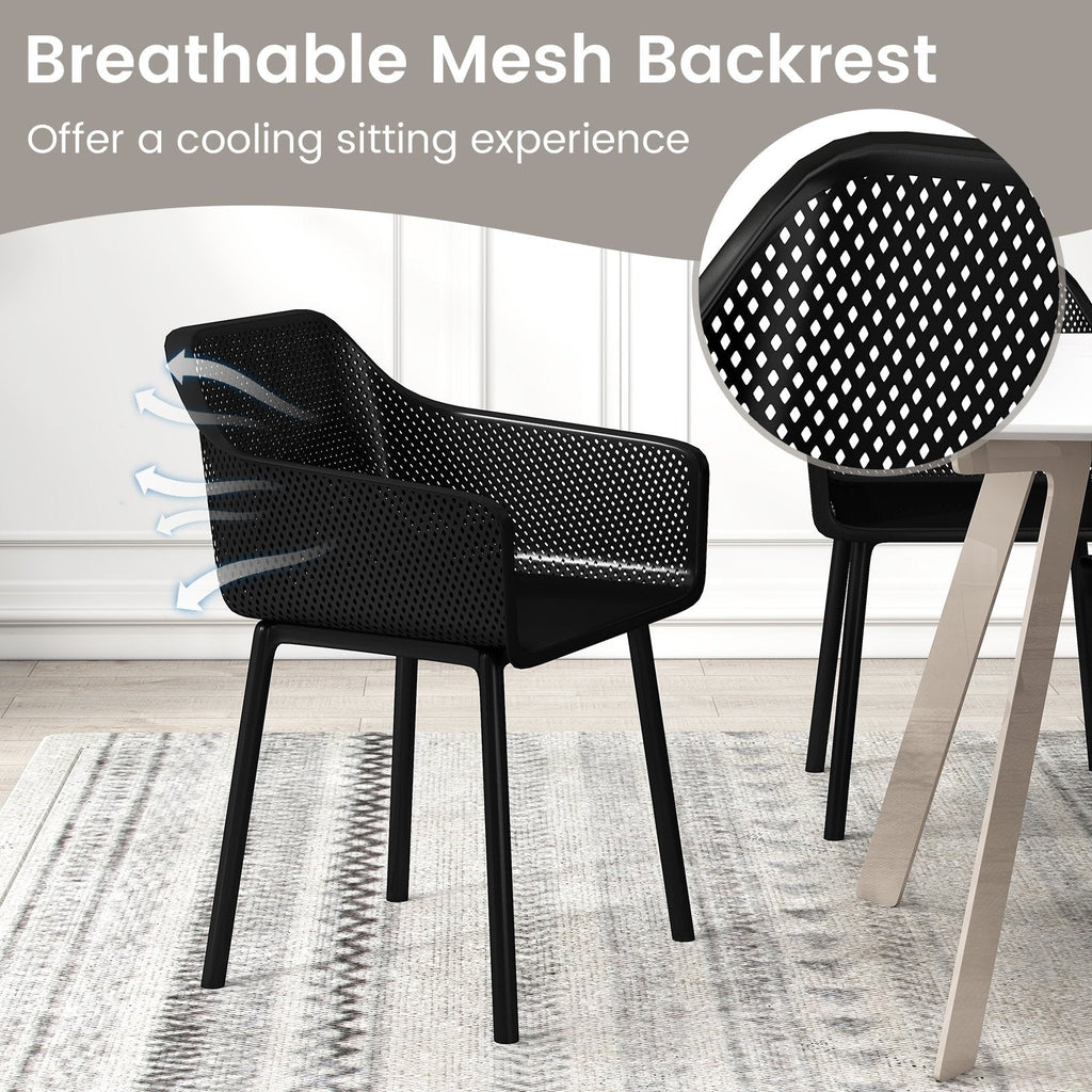 Set of 4 Black Moulded Dining Armchairs with Perforated Mesh Back and Arms