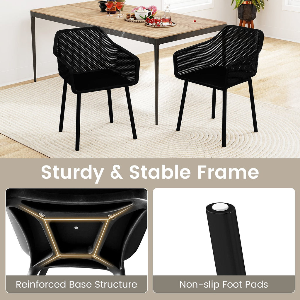 Set of 4 Black Moulded Dining Armchairs with Perforated Mesh Back and Arms