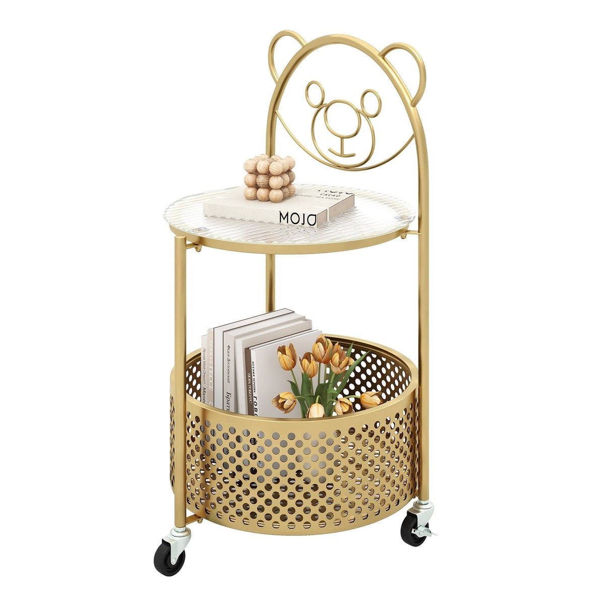 Sofa Side Table on Lockable Wheels with Glass Top and Bear Frame, Gold