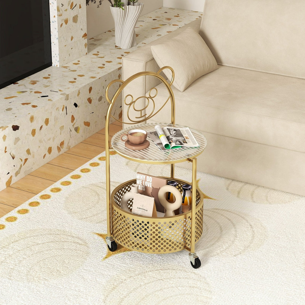 Sofa Side Table on Lockable Wheels with Glass Top and Bear Frame, Gold