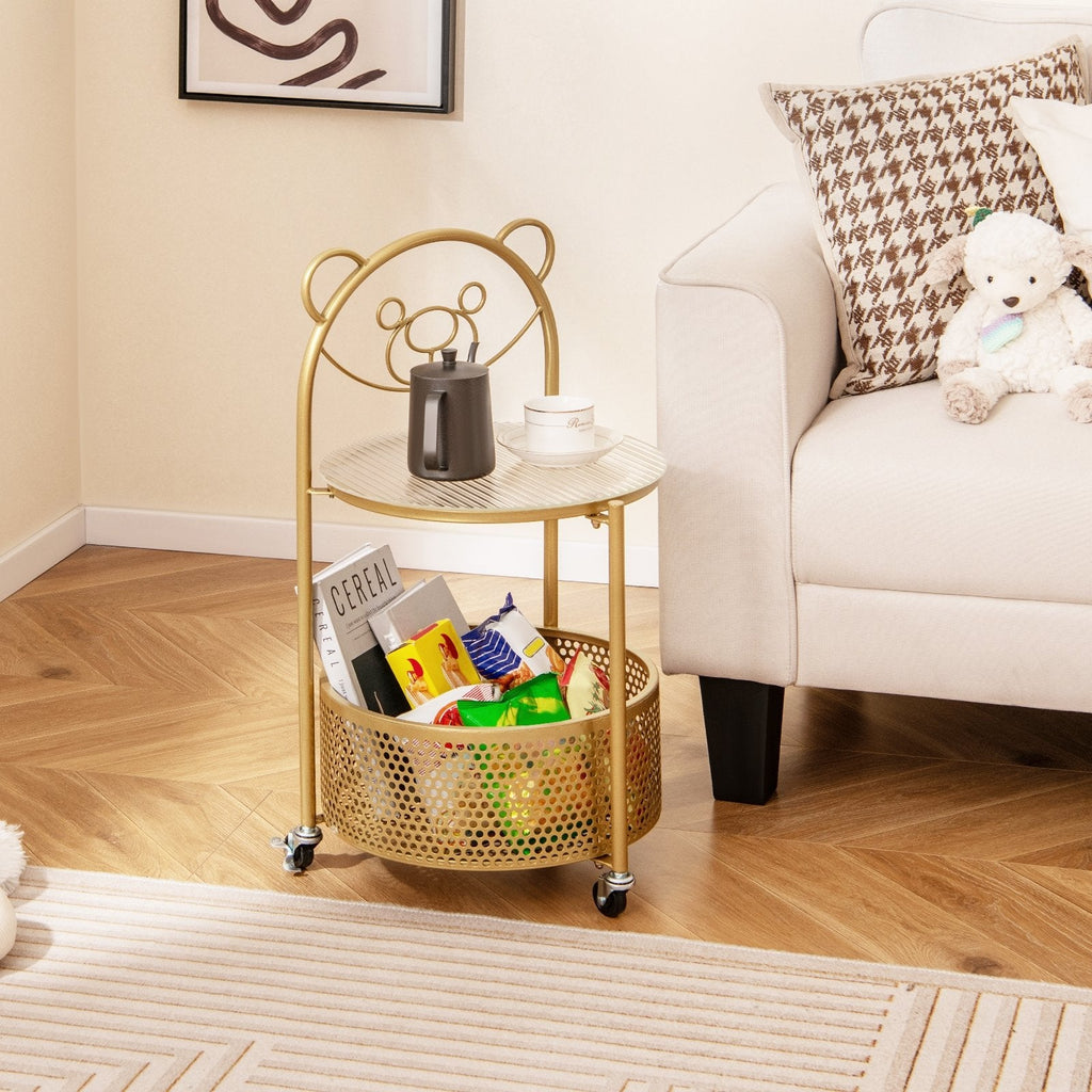 Sofa Side Table on Lockable Wheels with Glass Top and Bear Frame, Gold