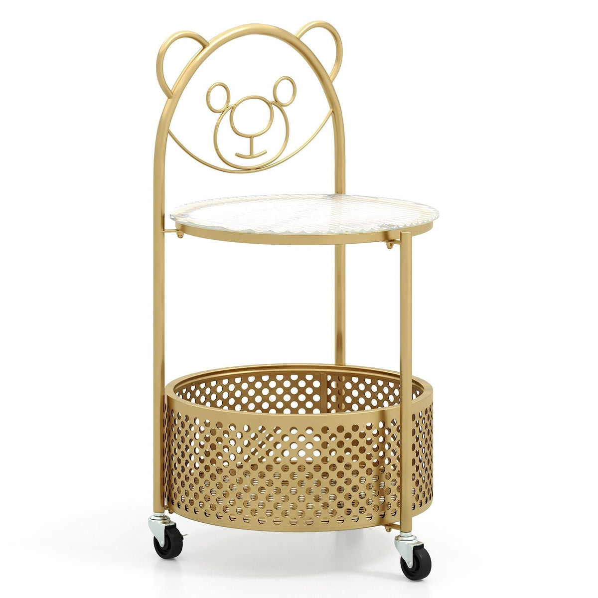 Sofa Side Table on Lockable Wheels with Glass Top and Bear Frame, Gold