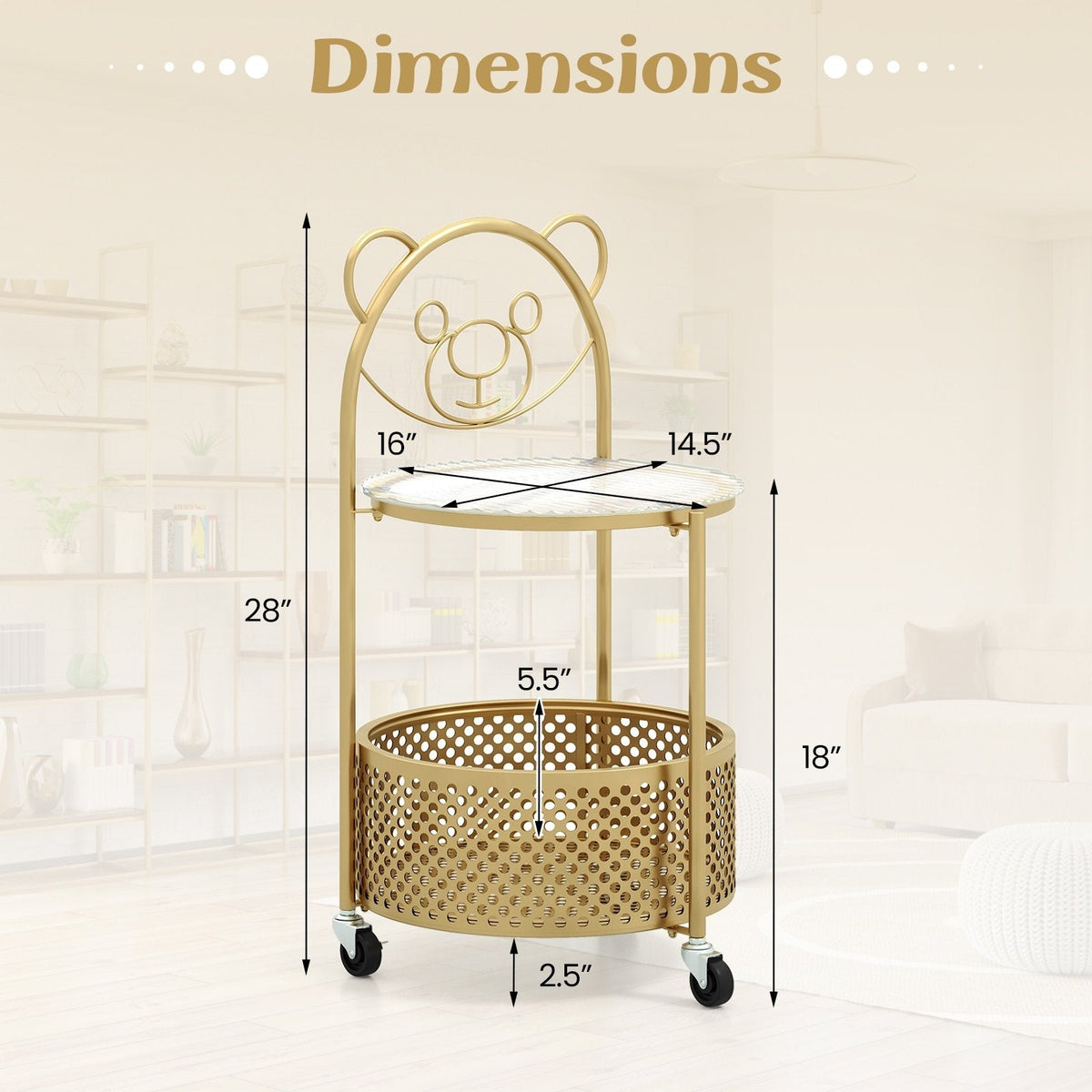 Sofa Side Table on Lockable Wheels with Glass Top and Bear Frame, Gold