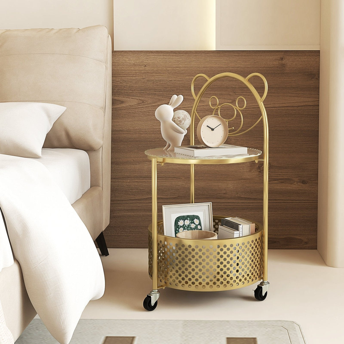 Sofa Side Table on Lockable Wheels with Glass Top and Bear Frame, Gold