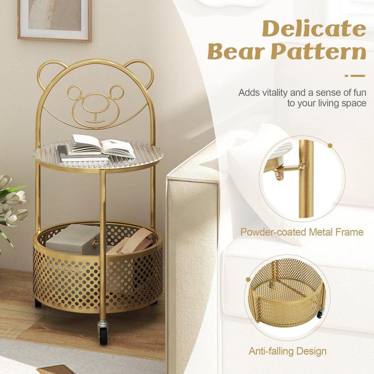 Sofa Side Table on Lockable Wheels with Glass Top and Bear Frame, Gold