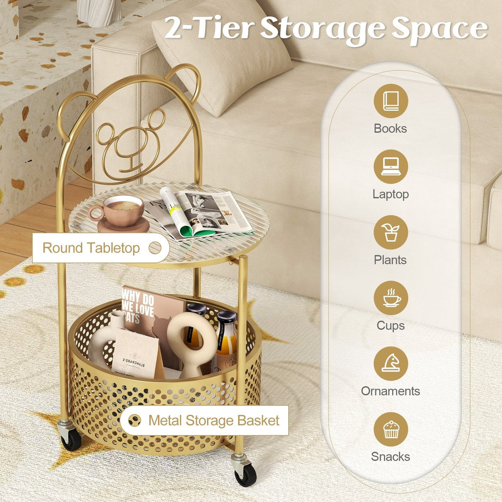 Sofa Side Table on Lockable Wheels with Glass Top and Bear Frame, Gold