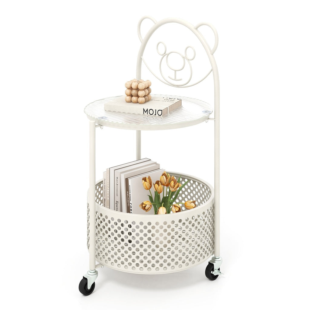 Sofa Side Table on Lockable Wheels with Glass Top and Bear Frame, White