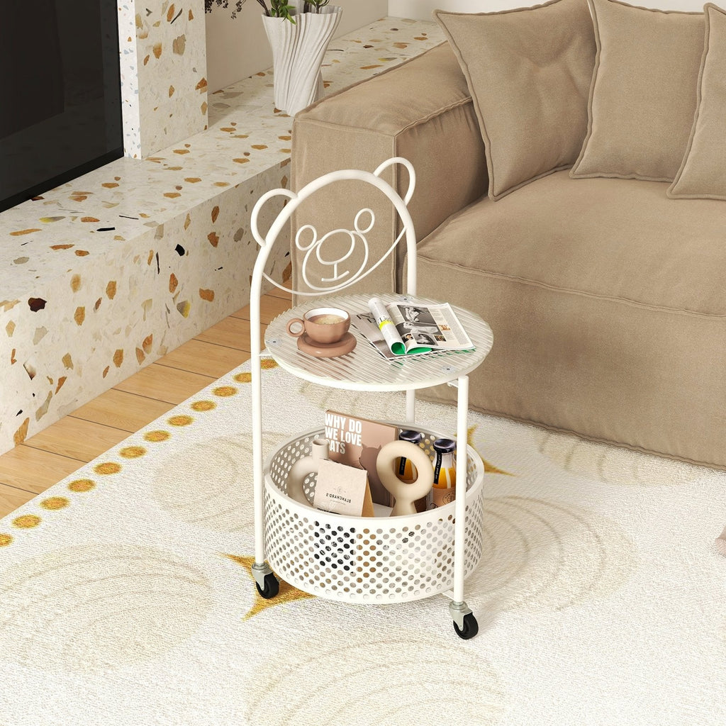 Sofa Side Table on Lockable Wheels with Glass Top and Bear Frame, White