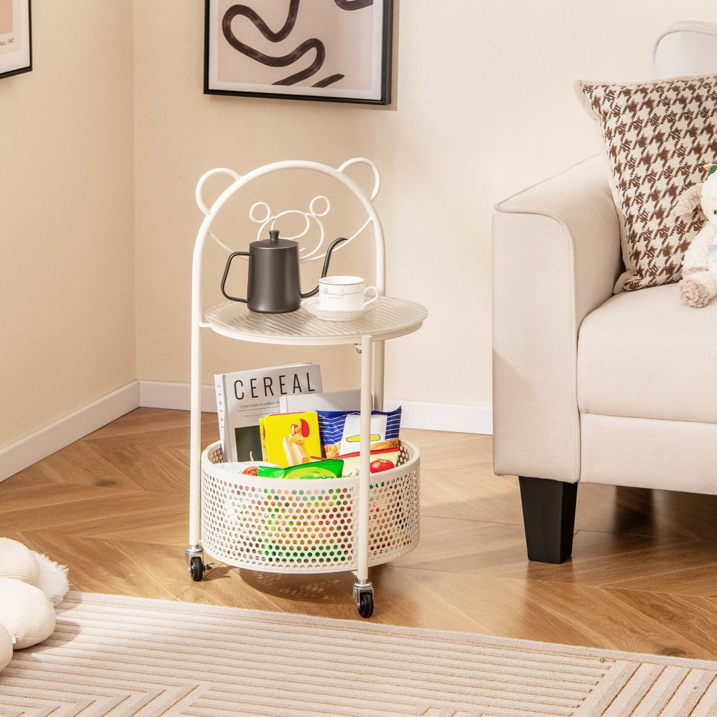 Sofa Side Table on Lockable Wheels with Glass Top and Bear Frame, White