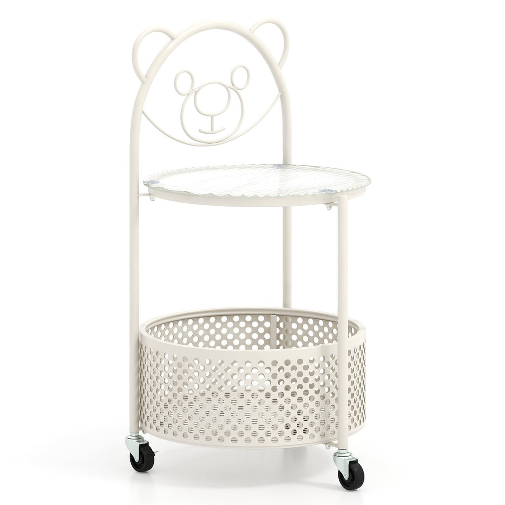 Sofa Side Table on Lockable Wheels with Glass Top and Bear Frame, White