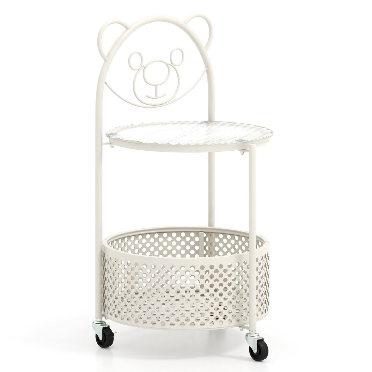 Sofa Side Table on Lockable Wheels with Glass Top and Bear Frame, White