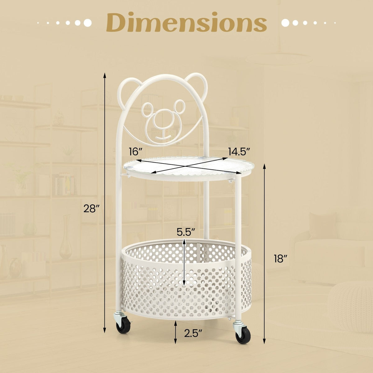 Sofa Side Table on Lockable Wheels with Glass Top and Bear Frame, White