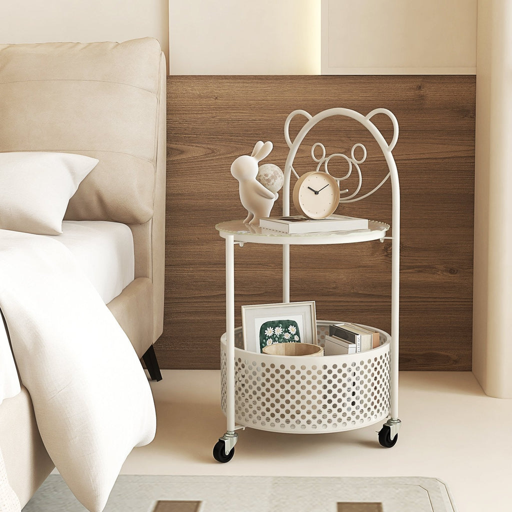 Sofa Side Table on Lockable Wheels with Glass Top and Bear Frame, White