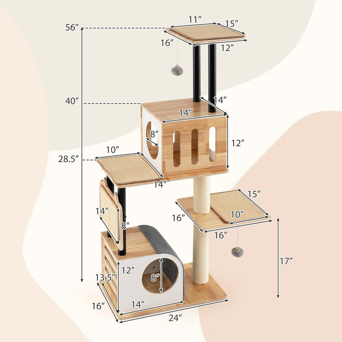 56 Inch Cat Tower with Two Wood Condos and Four Removable Sisal Mats